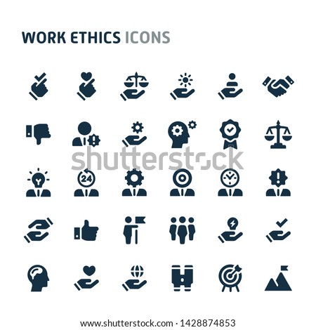 Simple bold vector icons related to employment & work ethic. Symbols such as teamwork, morality, proficiency, leadership and empathy are included. Editable vector, still looks perfect in small size.