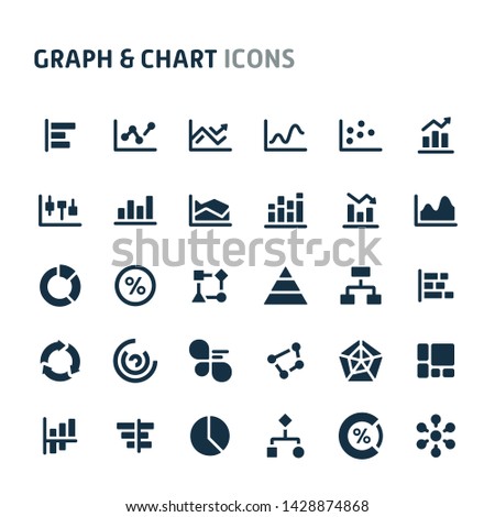 Simple bold vector icons related to graph & chart used in statistic and infographic. Symbols such as bar, line, pie, & scatter graphs are included. Editable vector, still looks perfect in small size.