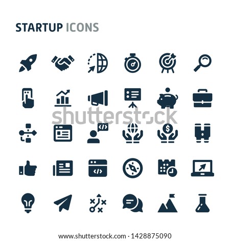 Simple bold vector icons related to start-up company. Symbols such as rocket, binocular and other start-up related items are included in this set.  Editable vector, still looks perfect in small size.