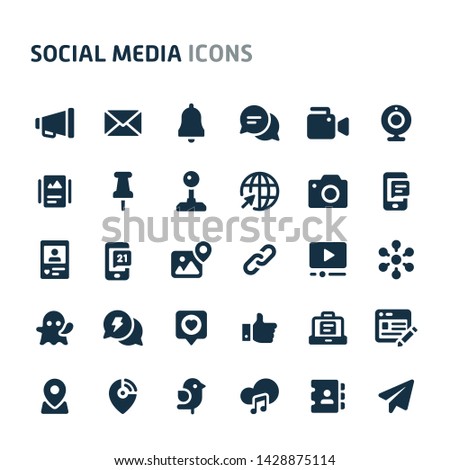 Simple bold vector icons related to social media and networking. Symbols such as interaction & collaboration in virtual networks are included. Editable vector, still looks perfect in small size.