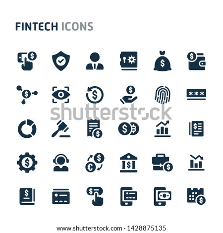 Simple bold vector icons related to financial technology. Symbols such as innovation and technology in financial services are included in this set.  Editable vector, still looks perfect in small size.