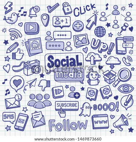 Social media related object and element collection. Hand drawn vector doodle illustration in blue ballpoint sketch style.