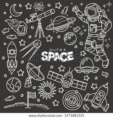 Outer space related objects and elements collection. Hand drawn vector doodle illustration over chalkboard isolated on black background.