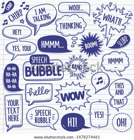 Set of speech bubbles related objects and elements. Hand drawn vector doodle illustration collection in blue ballpoint sketch style. Grouped with text easily removed.