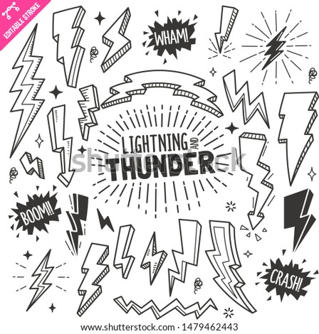 Set of lightning and thunder related objects and elements. Hand drawn doodle illustration collection isolated on white background. Editable stroke/outline.