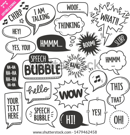 Set of speech bubbles related objects and elements. Hand drawn doodle illustration collection isolated on white background. Grouped with text easily removed. Editable stroke/outline.