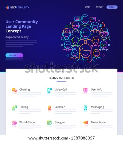 Website design, logo, header illustration and icons related to user community. Landing page graphical user interface. Clean home page template and vector graphic element set.  (EPS10)