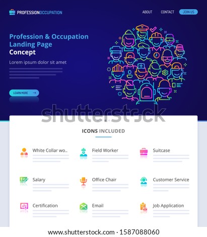 Website design, logo, header illustration and icons related to professions and occupations. Landing page graphical user interface. Clean home page template and vector graphic element set.  (EPS10)