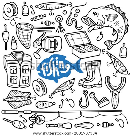 Doodle illustration of fishing activity equipments and tools such as vest, fishing net, fishing hook, rod, bait, boots, fishing reel etc. Black and white line illustration.