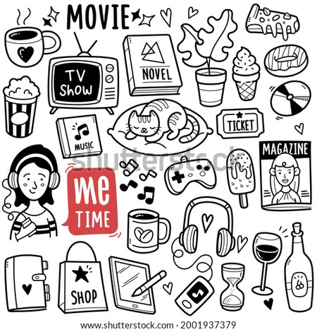 Doodle illustration of me time entertainment activity such as watching movie, read magazine, listening to music, shopping, read novel, playing with pet etc. Black and white line illustration.