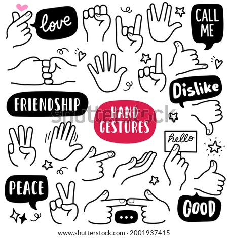 Doodle illustration of hand in various gestures such as love, call-me, peace, friendship, shy or nervous gestures etc. Black and white line illustration. Foto d'archivio © 