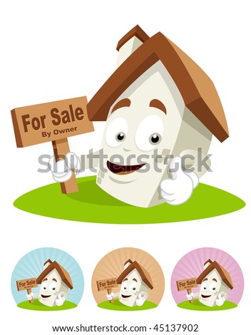 House cartoon character  illustration holding for sale board with his left thumb up