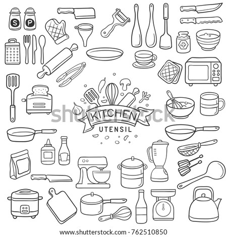 Set of doodle kitchen utensil outline in black isolated over white background