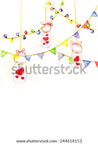 Watercolor hand drawn glass jars with glowing hearts and colorful holiday light bulbs, flashlights and flags.