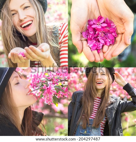 Happy hipster girl rejoicing in the park. collage, focus on face