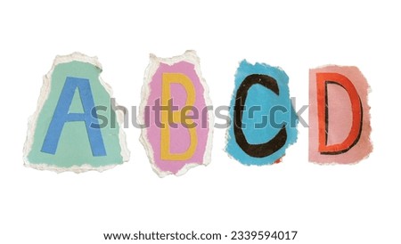 A, B, C and D alphabets on torn colorful paper with clipping path. Ransom note style letters. Stockfoto © 