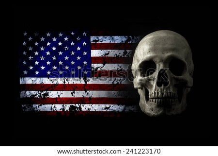 American flag with human skull in dark background.