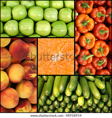 colorful fruit and vegetable collage of five photos