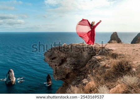 Similar – Image, Stock Photo Female relaxing on cliff and admiring picturesque view