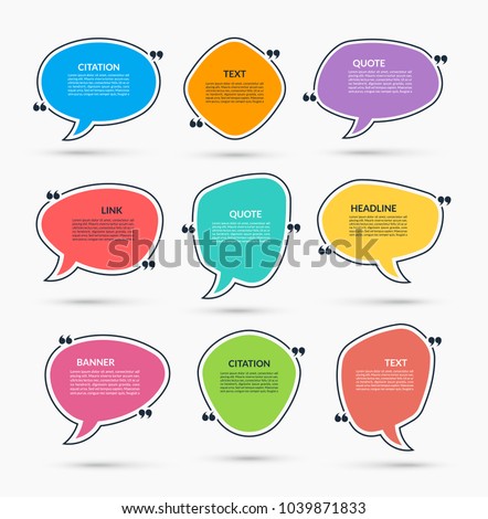 Quote box. Vector set of speech bubbles, text frames. Can be used for statement, citation, message, quotation, comment