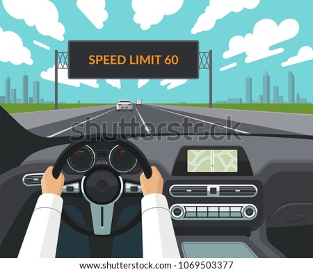 Drive safety concept. The driver's hands on the steering wheel, the dashboard, the car interior, the highway with traffic and the electronic billboard informating about speed limit. Flat style