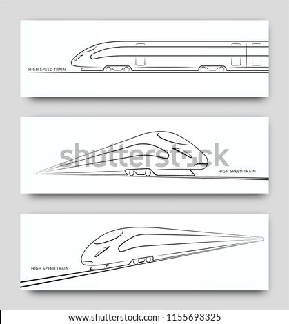 Abstract high speed train in motion. Set of modern train silhouettes, outlines, contours isolated on white background. Side and perspective view. Vector illustration