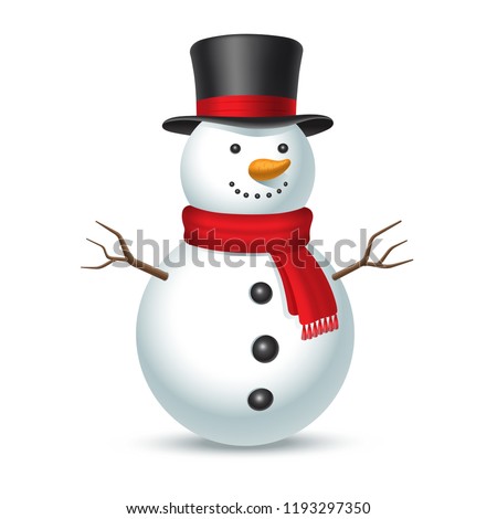 Snowman with hat and scarf isolated on white background. Vector illustration