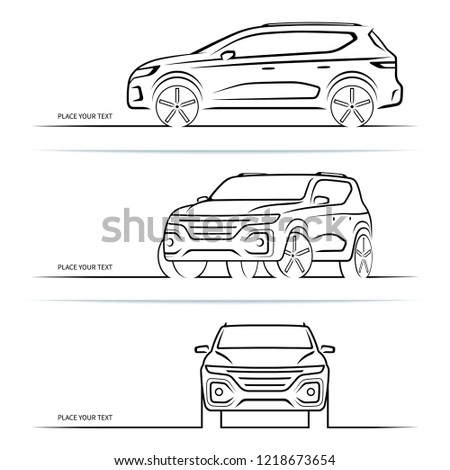 Set of vector car silhouettes, outlines, contours. Front, side and perspective view of SUV vehicle