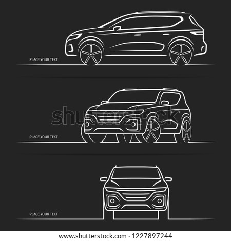 Set of vector car silhouettes, outlines, contours. Front, side and three-quarter view of SUV vehicle