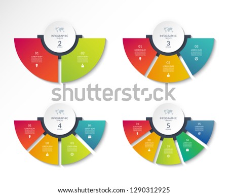 Set of business infographic semi circle templates with 2, 3, 4, 5 options. Can be used as a chart, workflow layout, diagram, data visualization, minimalistic web banner.