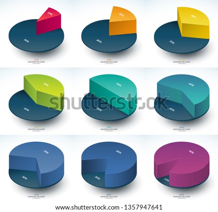 Set of infographic isometric pie chart templates. Share of 10, 20, 30, 40, 50, 60, 70, 80 and 90 percent. Vector illustration.