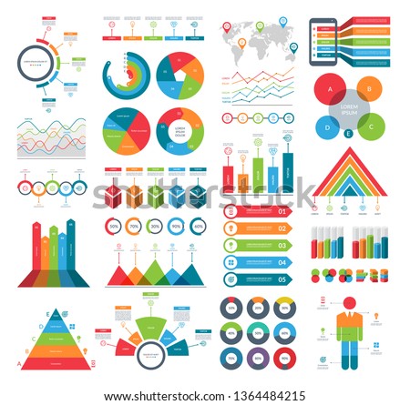 Set of infographic elements with simple templates for business analytics, data visualization, presentation. Vector kit with diagrams, histograms, timeline, pie charts.