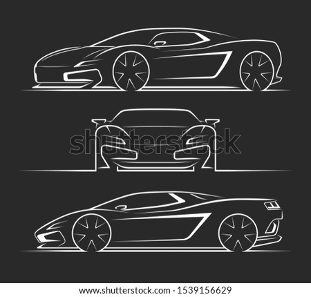 Sports car silhouettes, outlines, contours. Front, side, perspective view of sportscar. Can be used as a part of an emblem, label, icon, logo. Vector illustration