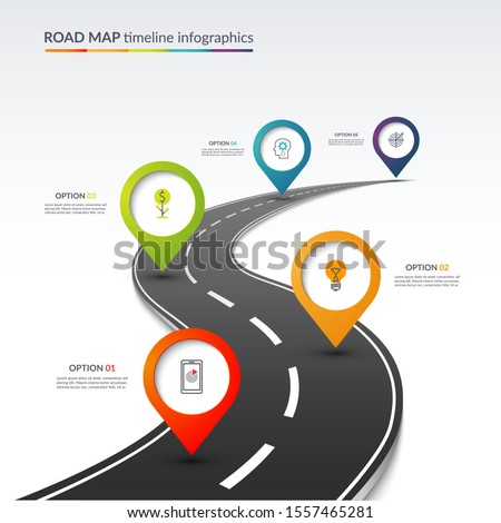Road map timeline infographic template with 5 colorful pin pointers on the way. Vector illustration