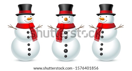 Snowman with hat and scarf isolated on white background. Set of snowman in three angles. Vector illustration