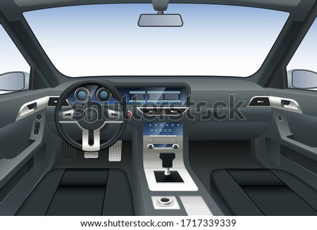 Vector car interior. View from driver's seat at steering wheel, car dashboard with multimedia screen, gear lever, windshield with rear view mirrors. Vector illustration