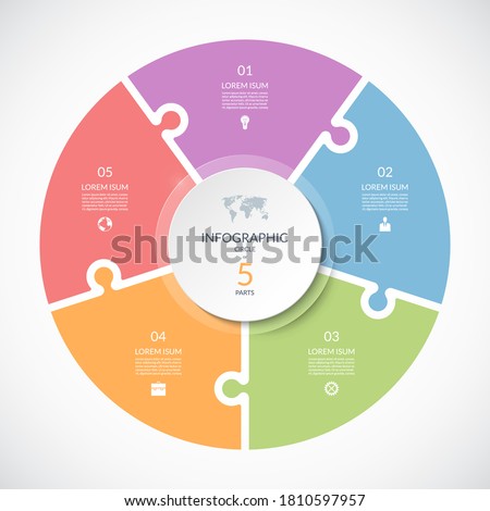Vector infographic puzzle circular template. Cycle diagram with 5 parts, options. Can be used for chart, graph, report, presentation, web design.