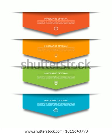 Infographic template with 4 downward colorful paper arrows, labels, tags. Can be used for diagram, chart, web design.