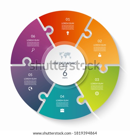 Puzzle infographic circle with 6 steps, options, pieces. Six-part cycle chart. Can be used for diagram, graph, report, presentation, web design.
