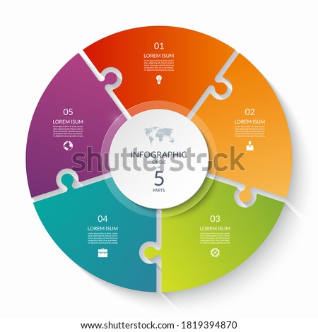 Puzzle infographic circle with 5 steps, options, pieces. Five-part cycle chart. Can be used for diagram, graph, report, presentation, web design.