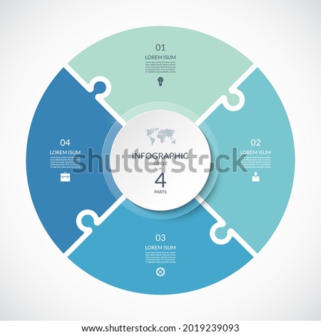 Vector infographic puzzle circular template. Cycle diagram with 4 parts, options. Can be used for chart, graph, report, presentation, web design.