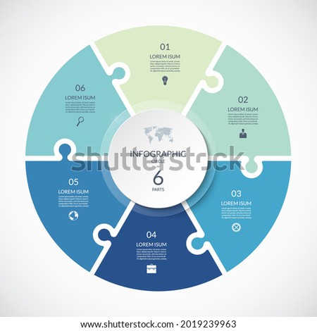 Vector infographic puzzle circular template. Cycle diagram with 6 parts, options. Can be used for chart, graph, report, presentation, web design.