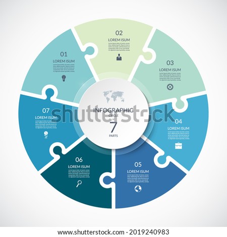 Vector infographic puzzle circular template. Cycle diagram with 7 parts, options. Can be used for chart, graph, report, presentation, web design.