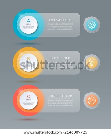 Infographic options banner. Template with 3 options, steps, parts with place for text and icons. Glassmorphism effect. Vector background.