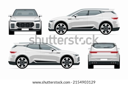Modern SUV car mockup. Side, front, rear view of a crossover vehicle isolated on white background. Vector white car template for branding, advertisement, logo placement. Easy editable.