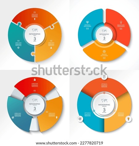 Set of vector infographic circles, cycle diagrams with 3 steps. Different variants of design of round chart that can be used for report, business analytics, data visualization and presentation.