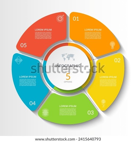 Infographic circular vector template with 5 options, parts. 5-step cycle diagram for business infographics. Process chart, vector banner for presentation, report, brochure, web, data visualization.