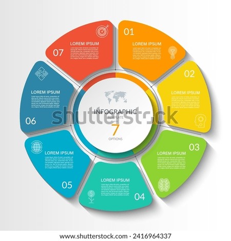 Infographic circular vector template with 7 options, parts. 7-step cycle diagram for business infographics. Process chart, vector banner for presentation, report, brochure, web, data visualization.