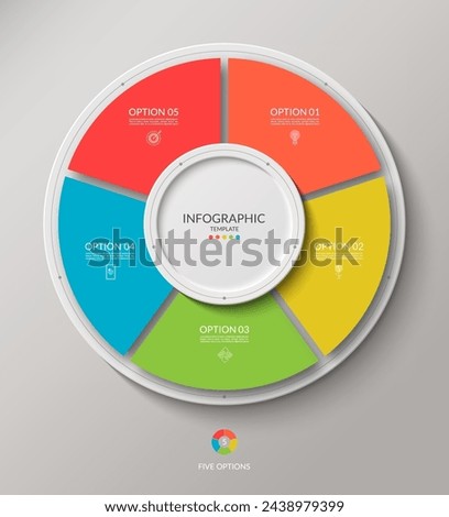 Vector infographic circle. Cycle diagram with 5 options. Round chart that can be used for report, business analytics, data visualization, presentation, brochure.