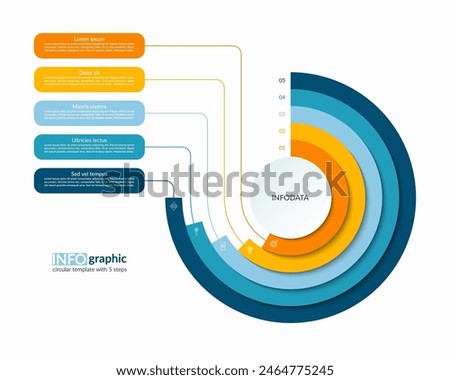 Infographic semi circle layered concentric template with 5 steps, options. Process chart, cycle diagram, vector banner for presentation, report, brochure, web, data visualization.